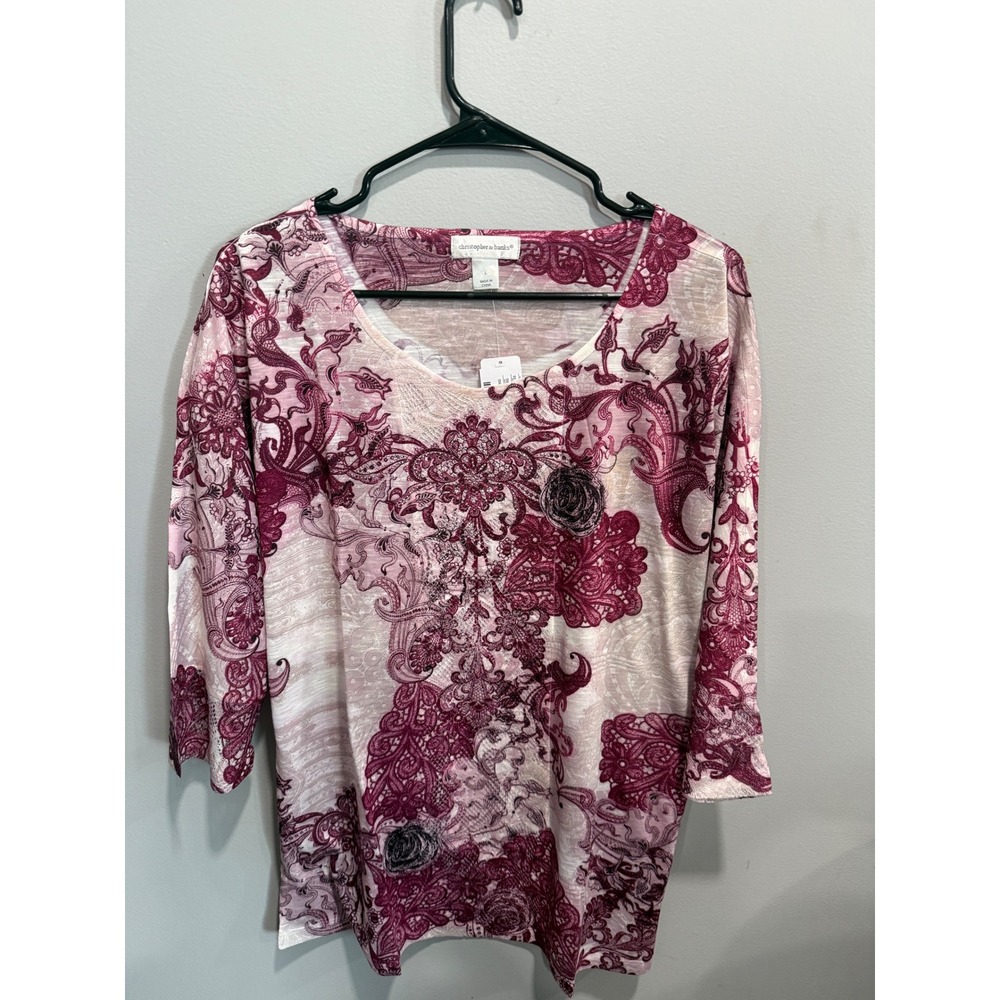 Christopher & Banks Womens Large Paisley Floral Rhinestone 3/4 Sleeve Top Plum